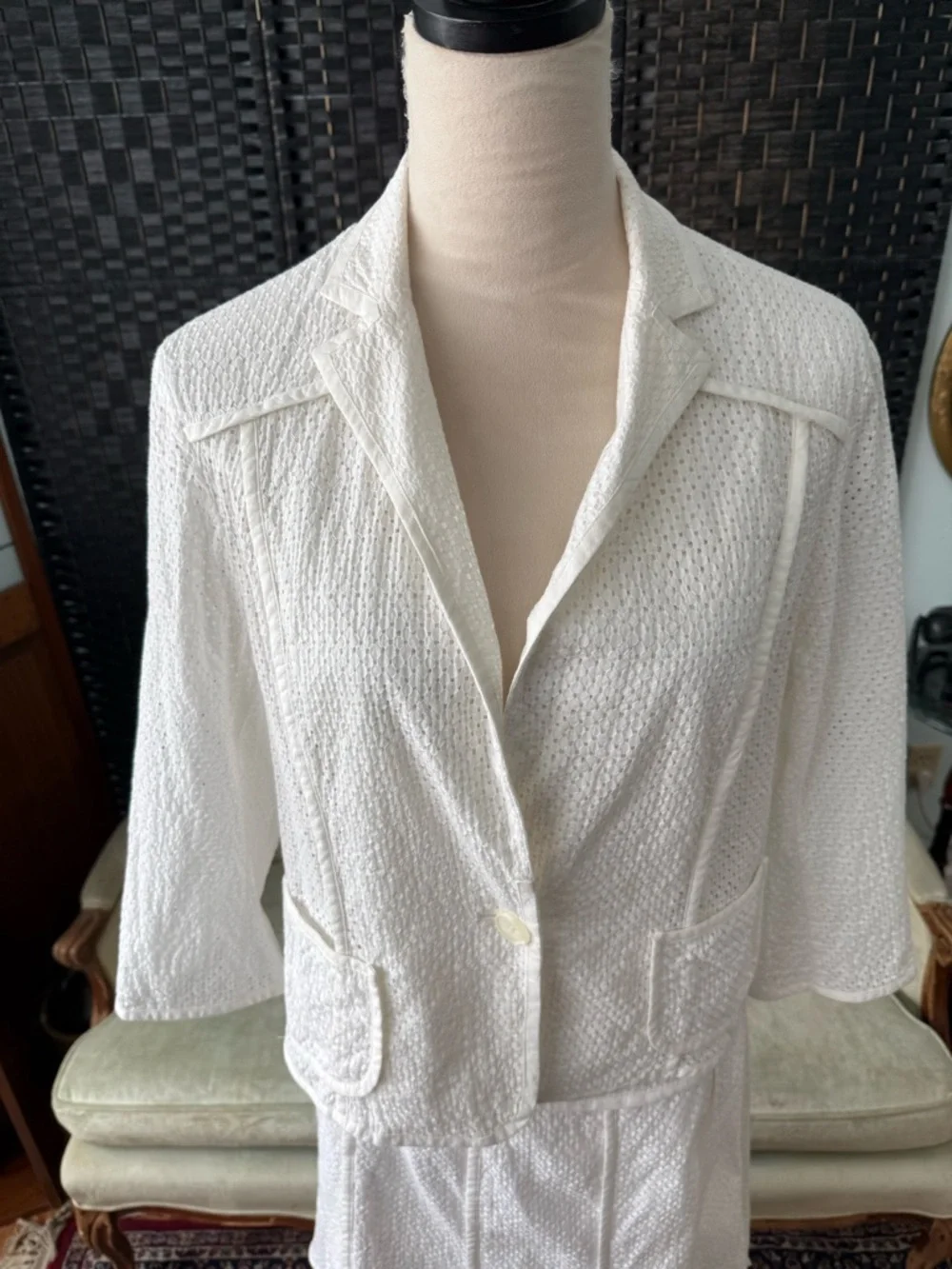 🤍 Vintage Nine West Ivory Eyelet 2PC Set Blazer & Skirt Cottage Chic - Picture 2 of 15